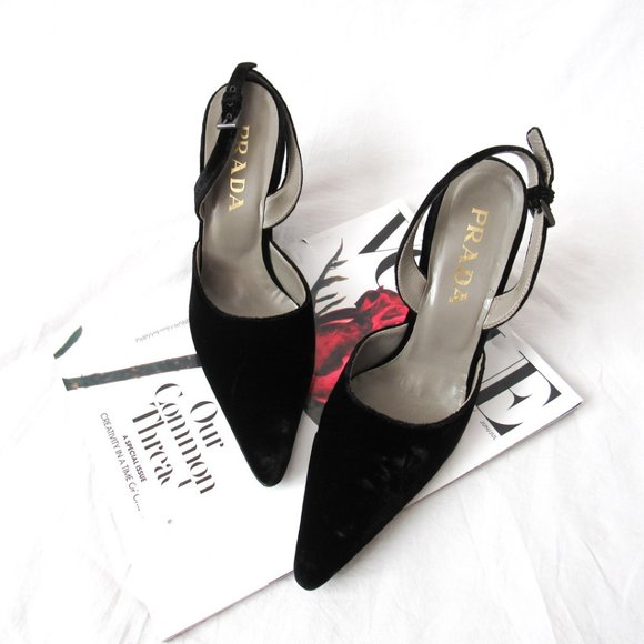 Prada Shoes - PRADA Designer Black Velvet Slingback Wedge Heels Size 37, US 6-6.5~ Italy